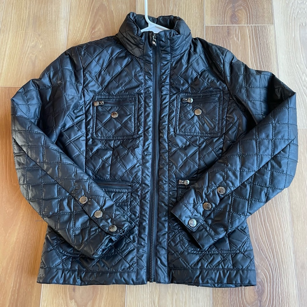 Laundry black puffer motorcycle jacket quilted light zip pockets rain hood Sz S